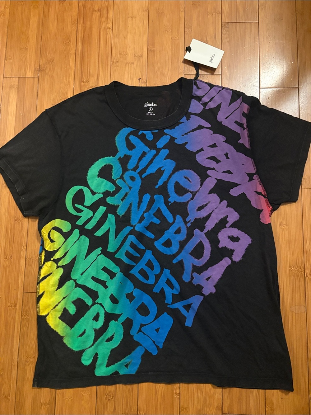 Black Short-Sleeve Graphic Tee with Rainbow Script